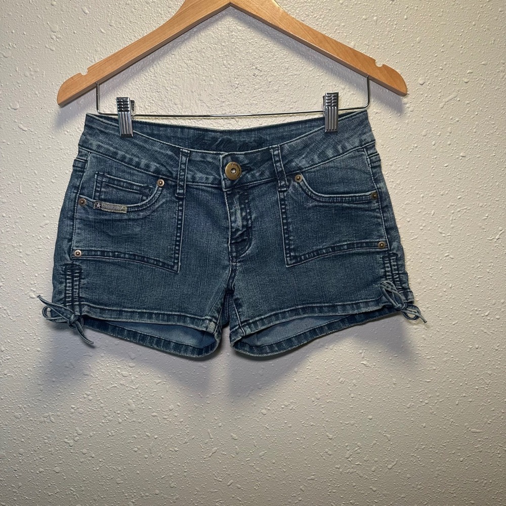 VTG Bubblegum Womens 7/8 Low Rise Shortie Shorts Blue Denim Bows Y2K Retro 90s
